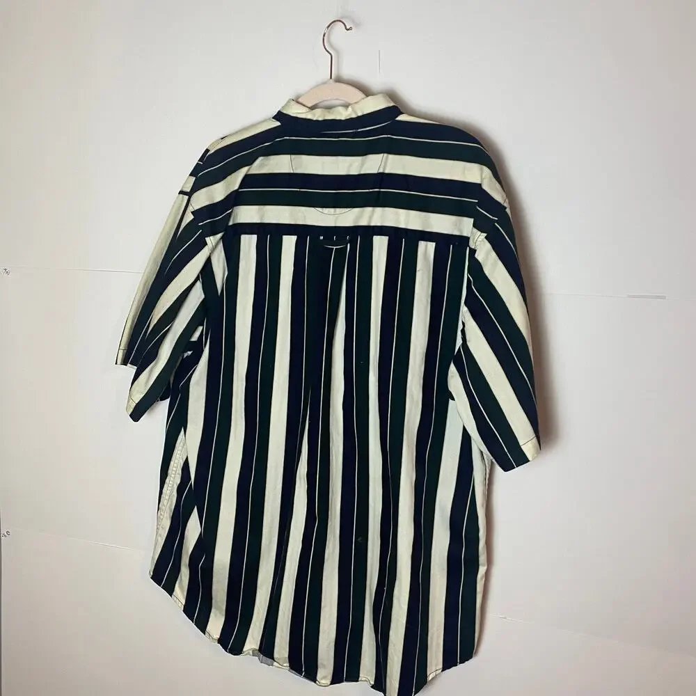 Vintage 90s Y2K Button Shirt Mens Sz XL Cotton Striped Green Navy White Preppy